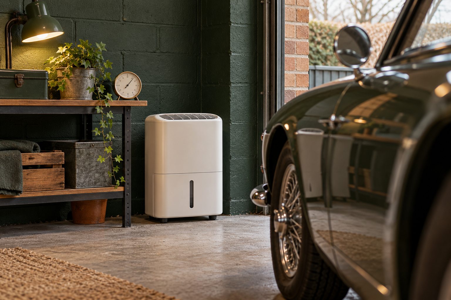 Humidity monitor and dehumidifier in a cool British garage