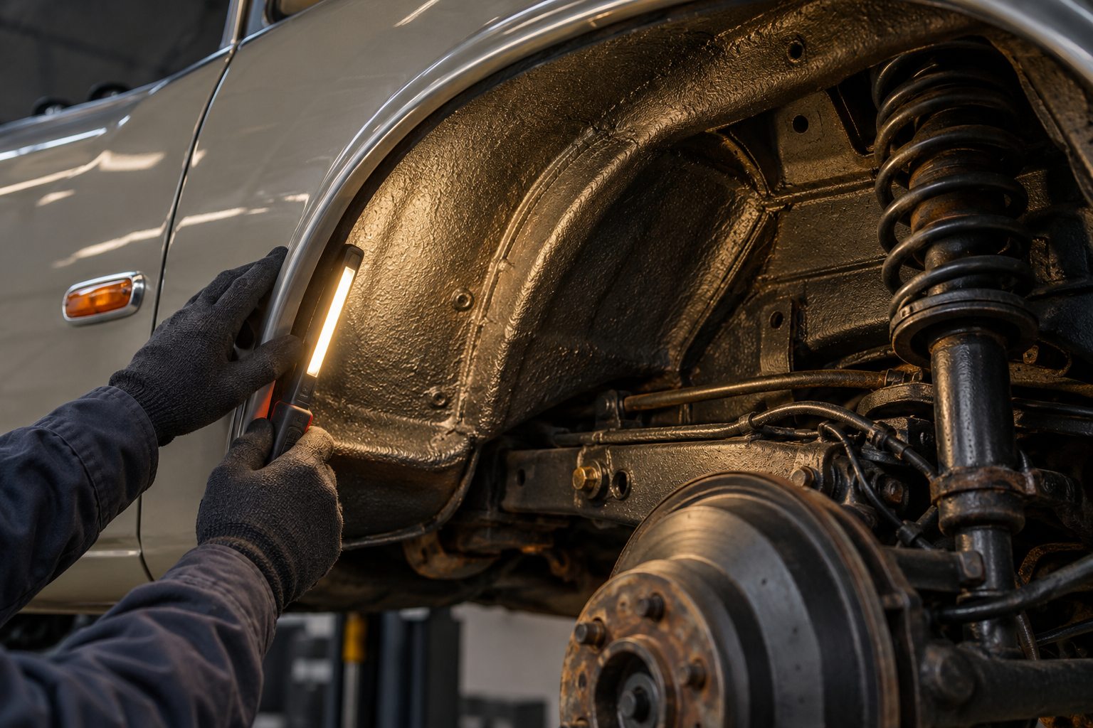 Detailed inspection of a classic car wheel arch for early signs of corrosion